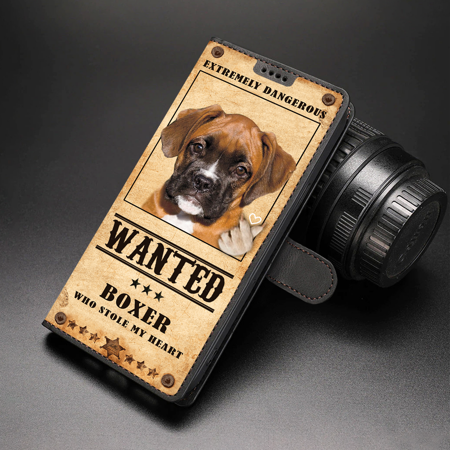 Heart Thief Boxer Dog - Étui de téléphone portefeuille inspiré de l'amour V1