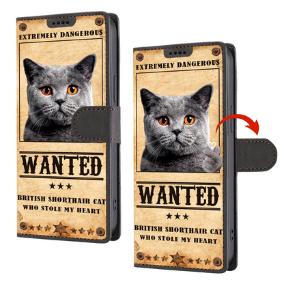 Heart Thief British Shorthair Cat - Étui de téléphone portefeuille inspiré de l'amour V1