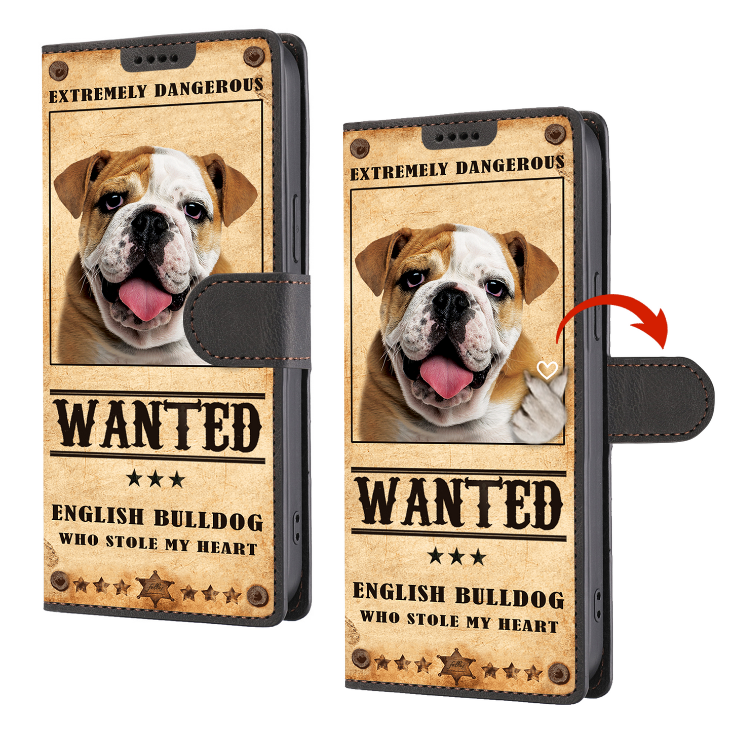 Heart Thief English Bulldog - Étui portefeuille pour téléphone inspiré de l'amour V1