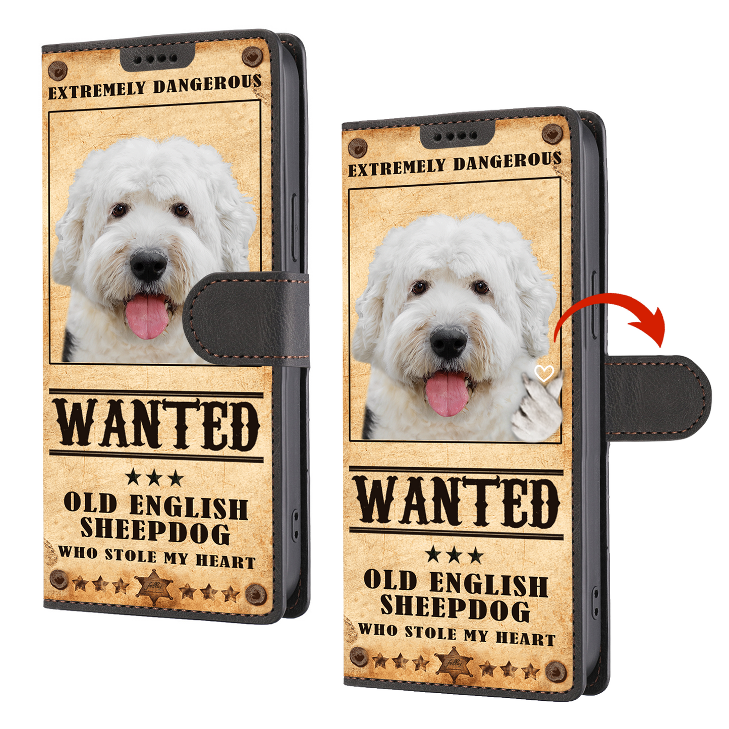 Heart Thief Old English Sheepdog - Étui portefeuille pour téléphone inspiré de l'amour V1