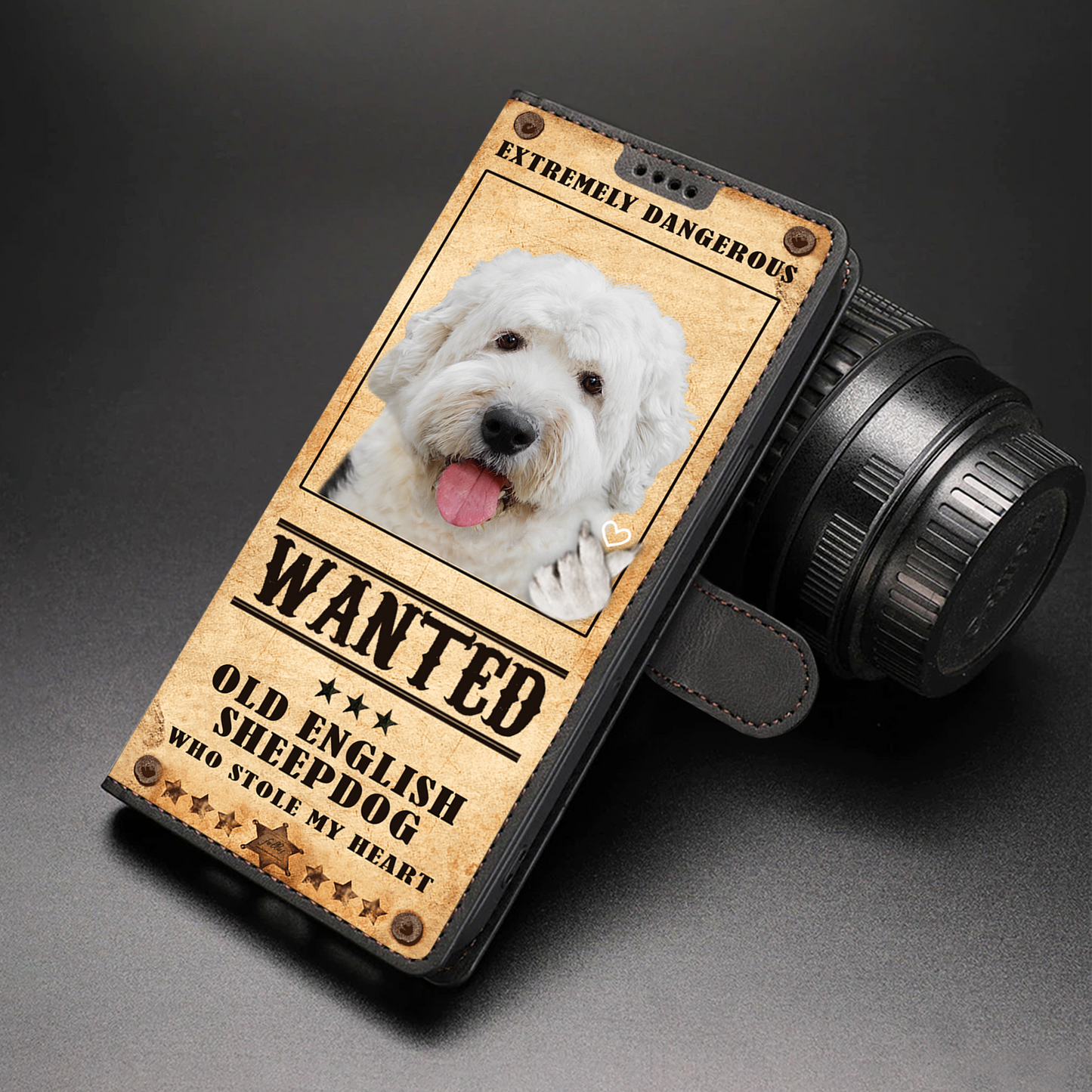 Heart Thief Old English Sheepdog - Étui portefeuille pour téléphone inspiré de l'amour V1