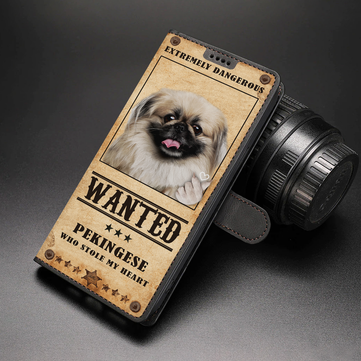 Heart Thief Pekingese - Étui de téléphone portefeuille inspiré de l'amour V1