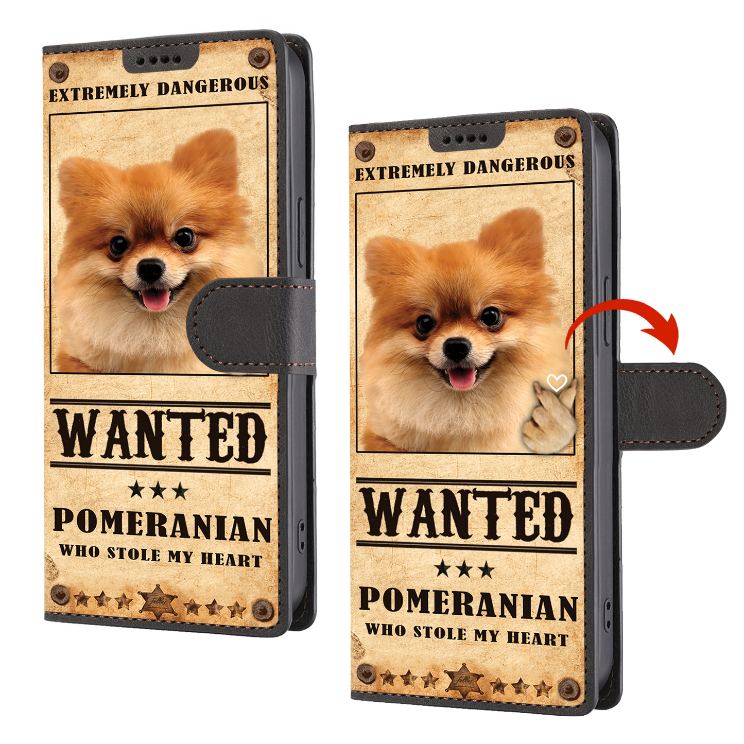 Heart Thief Pomeranian - Étui de téléphone portefeuille inspiré de l'amour V1