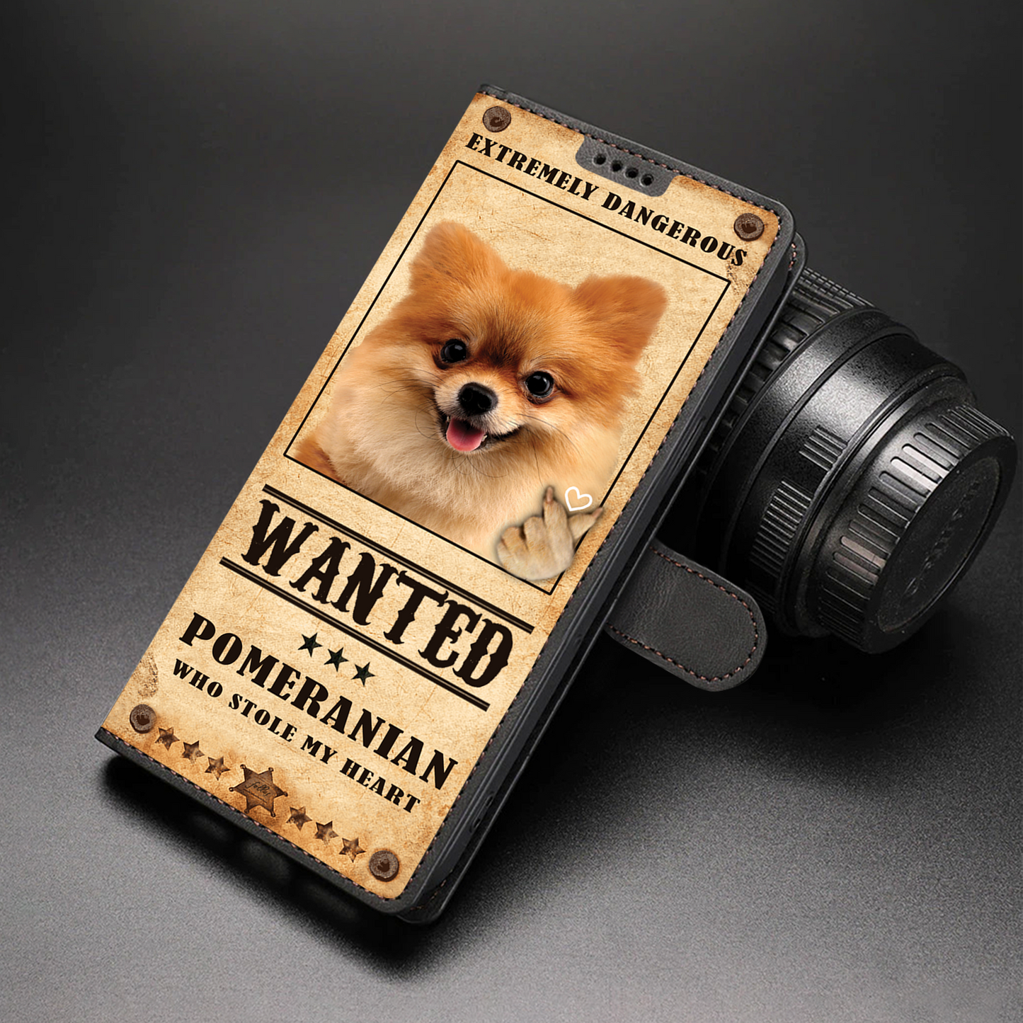 Heart Thief Pomeranian - Étui de téléphone portefeuille inspiré de l'amour V1