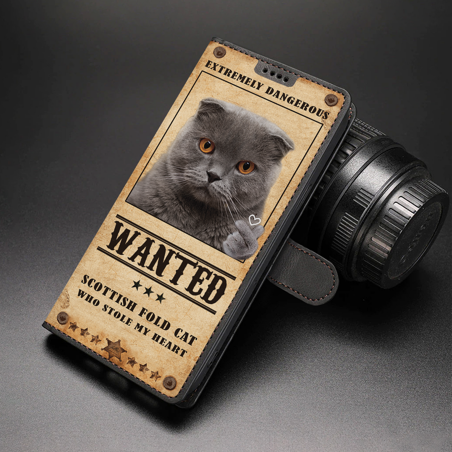 Heart Thief Scottish Fold Cat - Étui portefeuille pour téléphone inspiré de l'amour V1