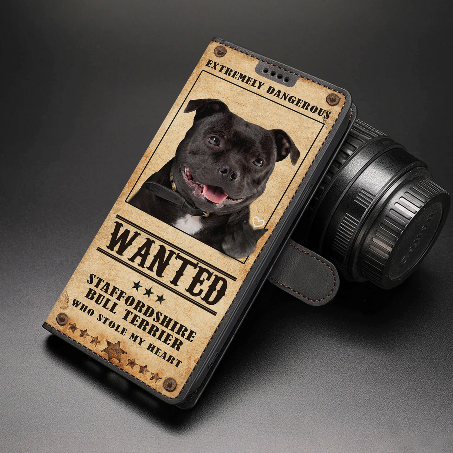 Heart Thief Staffordshire Bull Terrier - Étui portefeuille pour téléphone inspiré de l'amour V1