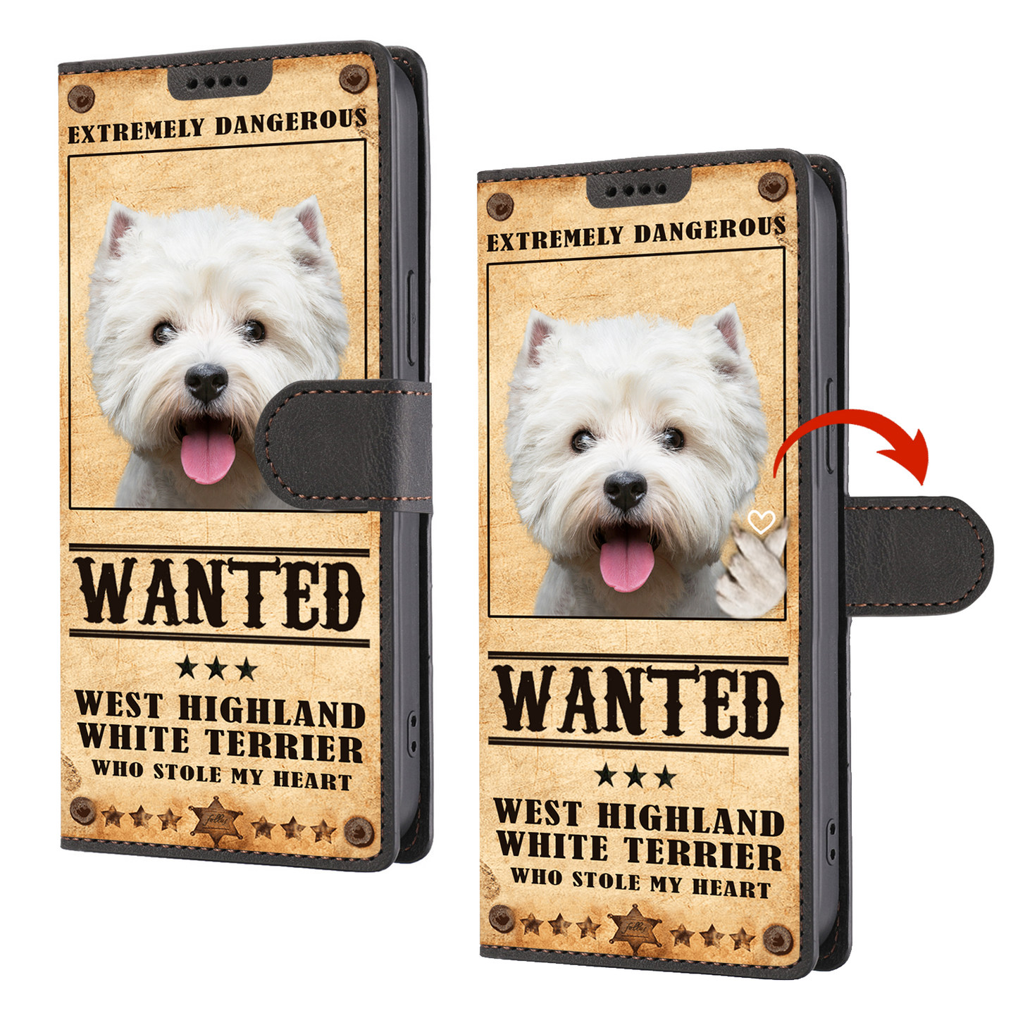 Heart Thief West Highland White Terrier - Étui de téléphone portefeuille inspiré de l'amour V1