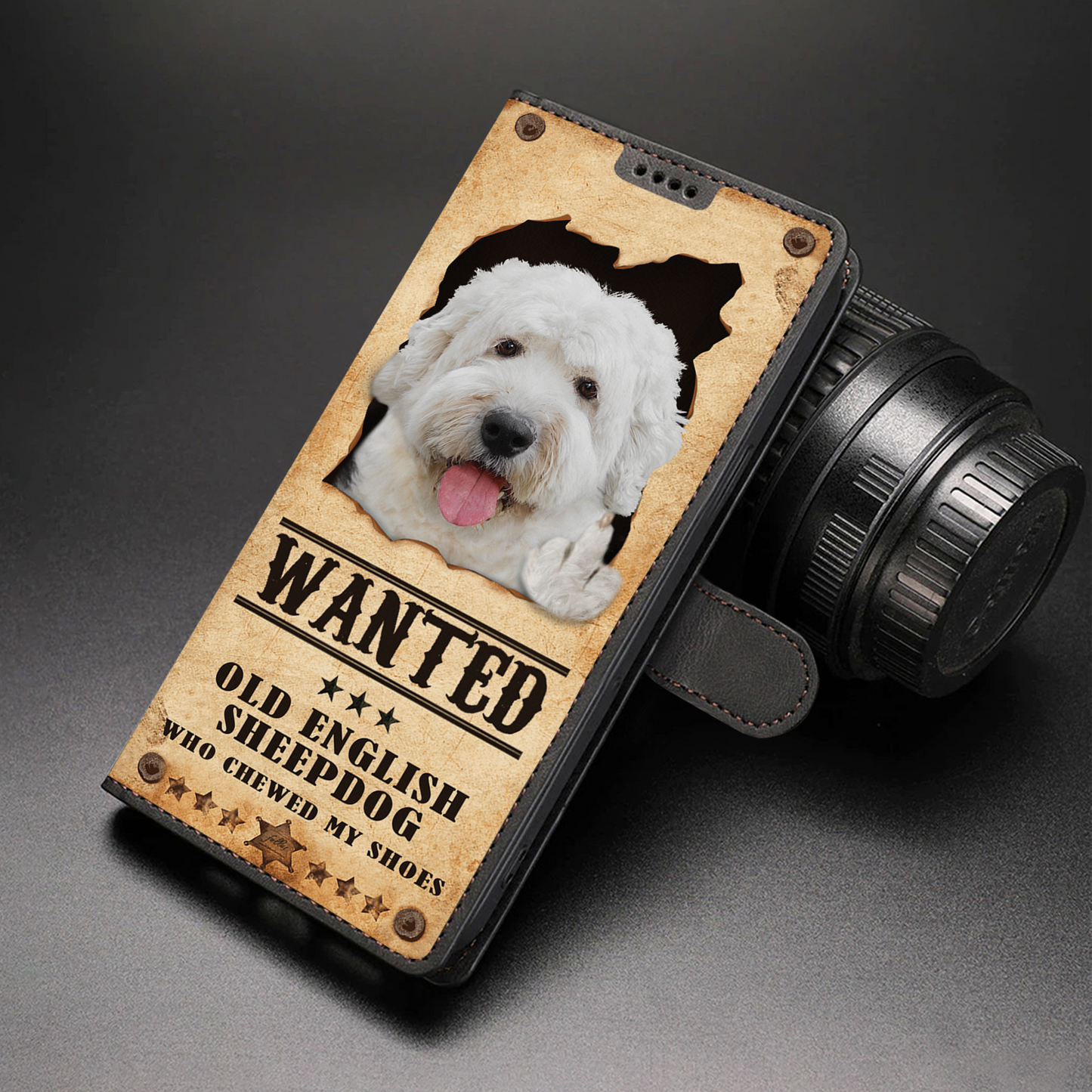 Old English Sheepdog Wanted - Lustige Handyhülle mit Geldbörse V1