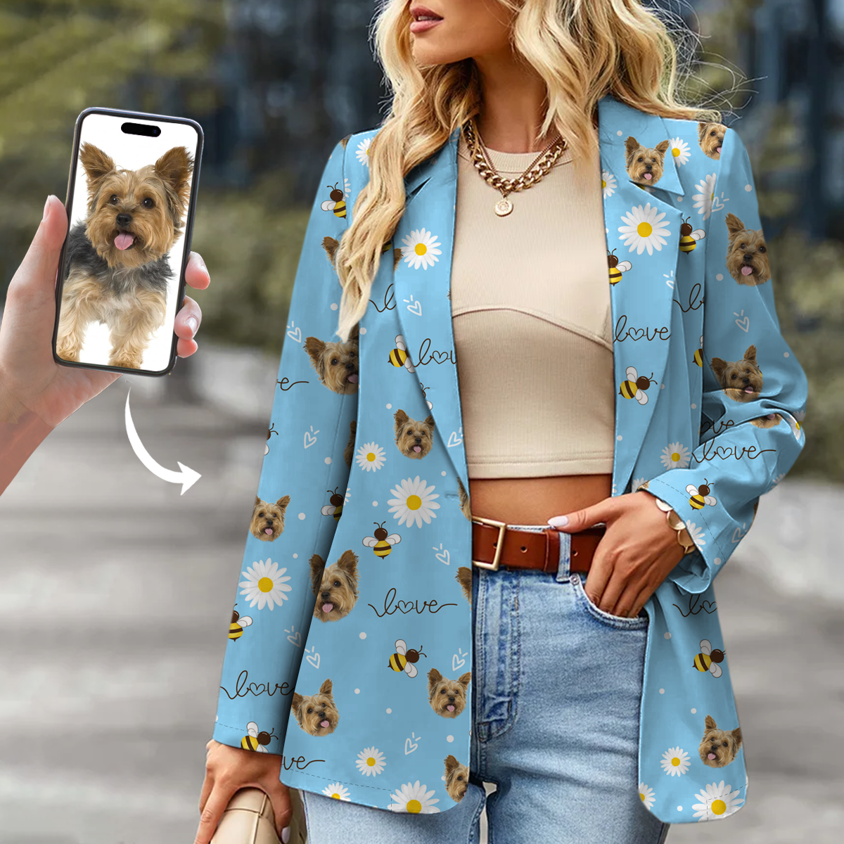 Personalized Women's Bee Daisy Printed Blazer With Your Pet's Photo