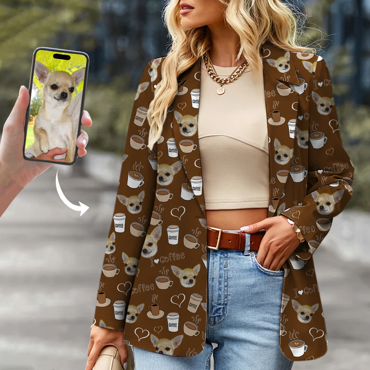 Personalized Women's Coffee Printed Blazer With Your Pet's Photo