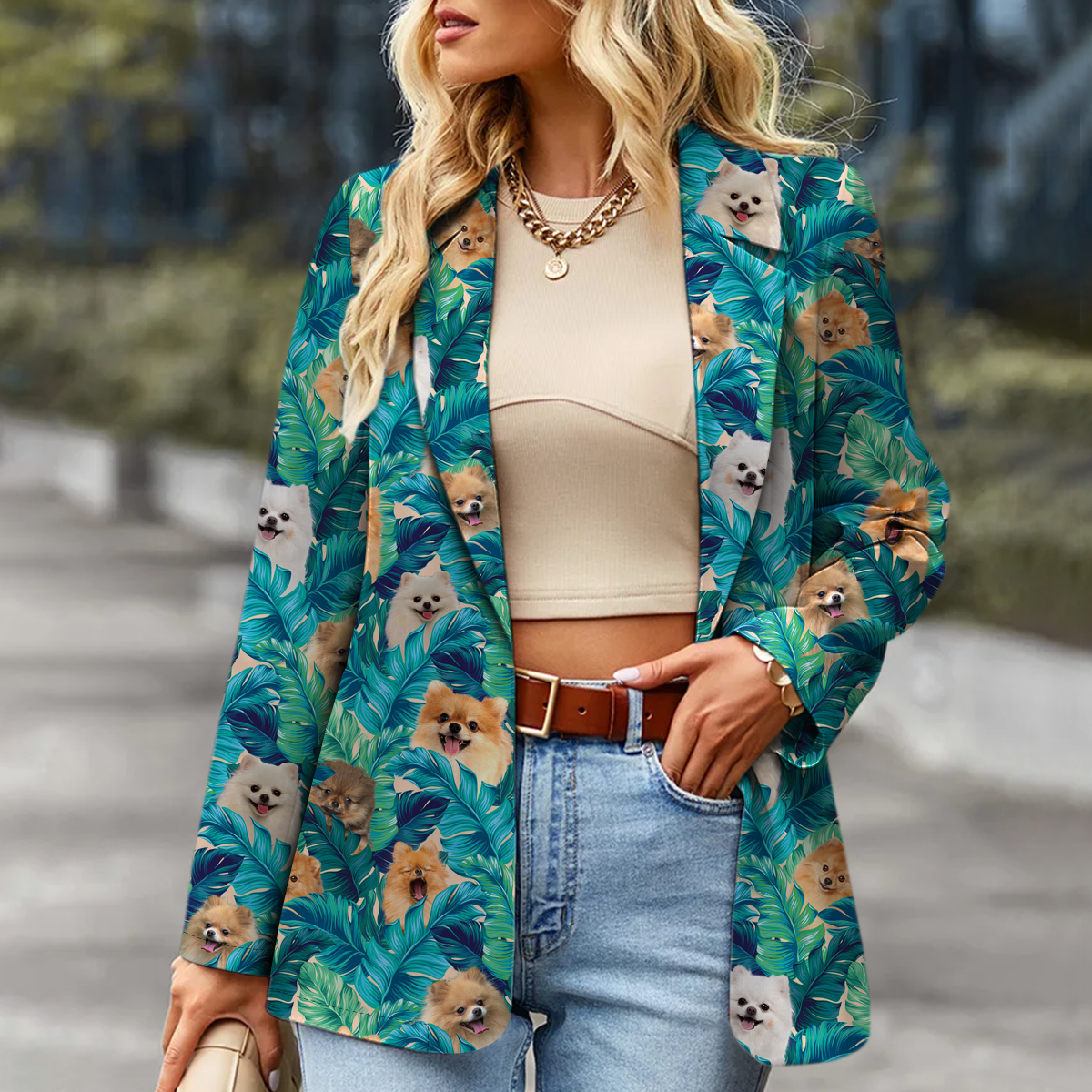 Pomeranian Women's Blue Leaves Hawaiian Blazer