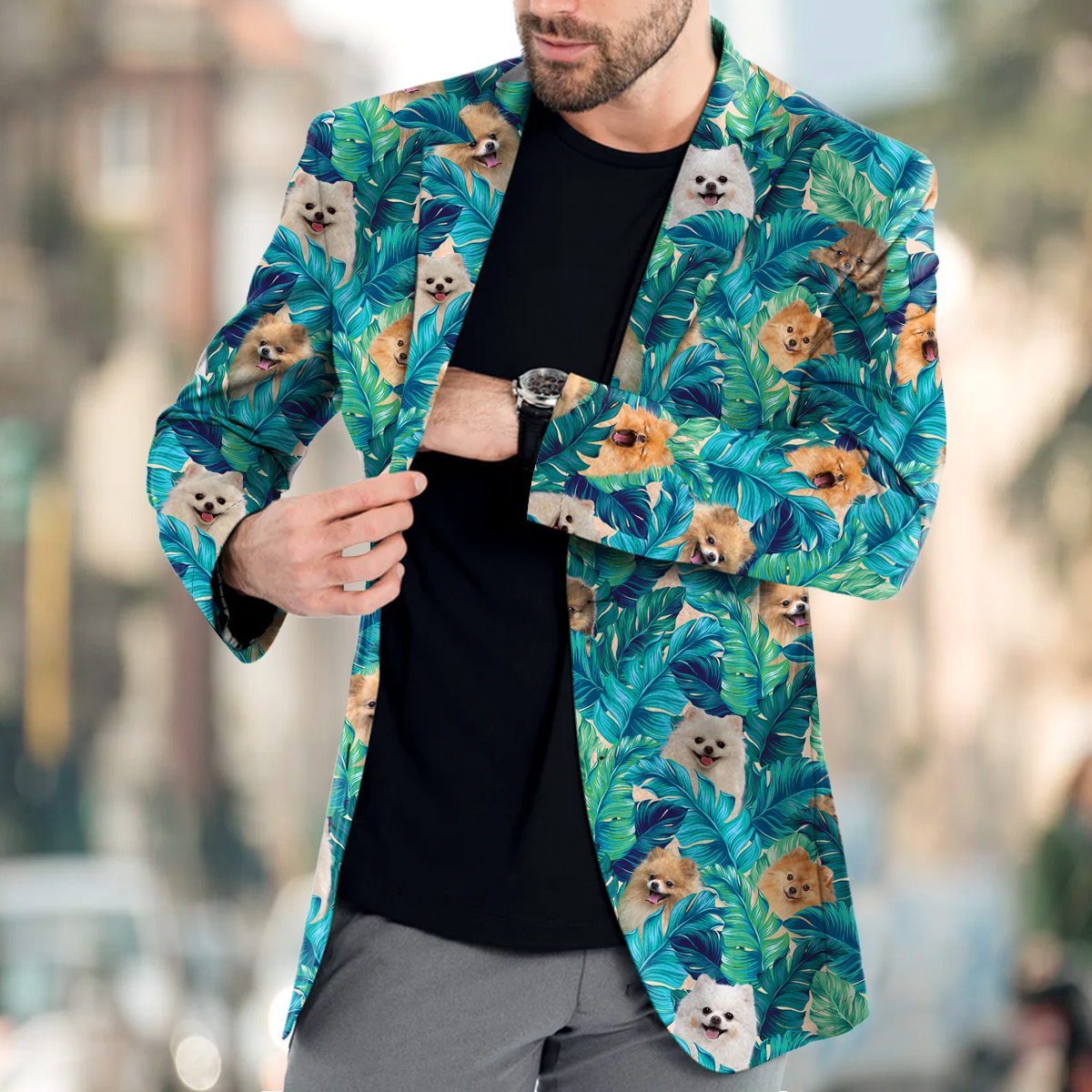 Pomeranian Men's Blue Leaves Hawaiian Blazer