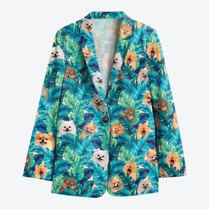 Pomeranian Women's Blue Leaves Hawaiian Blazer