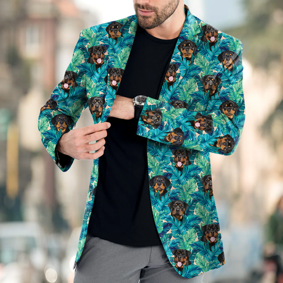 Rottweiler Men's Blue Leaves Hawaiian Blazer