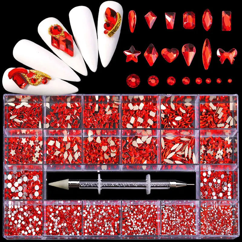 2800pcs Luxury Shiny Diamond Nail Art Rhinestones Crystal Decorations Set AB Glass 1pcs Pick Up Pen In Grids Box 21 Shape