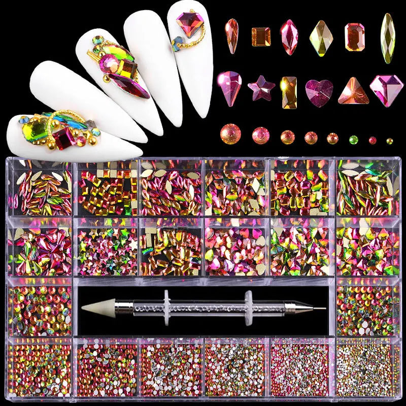 2800pcs Luxury Shiny Diamond Nail Art Rhinestones Crystal Decorations Set AB Glass 1pcs Pick Up Pen In Grids Box 21 Shape