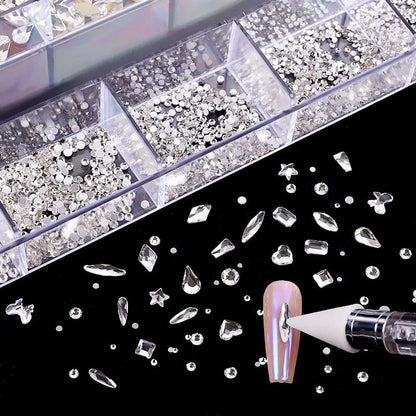 2800pcs Luxury Shiny Diamond Nail Art Rhinestones Crystal Decorations Set AB Glass 1pcs Pick Up Pen In Grids Box 21 Shape