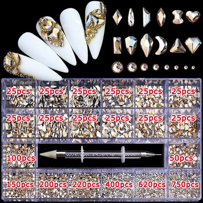 2800pcs Luxury Shiny Diamond Nail Art Rhinestones Crystal Decorations Set AB Glass 1pcs Pick Up Pen In Grids Box 21 Shape