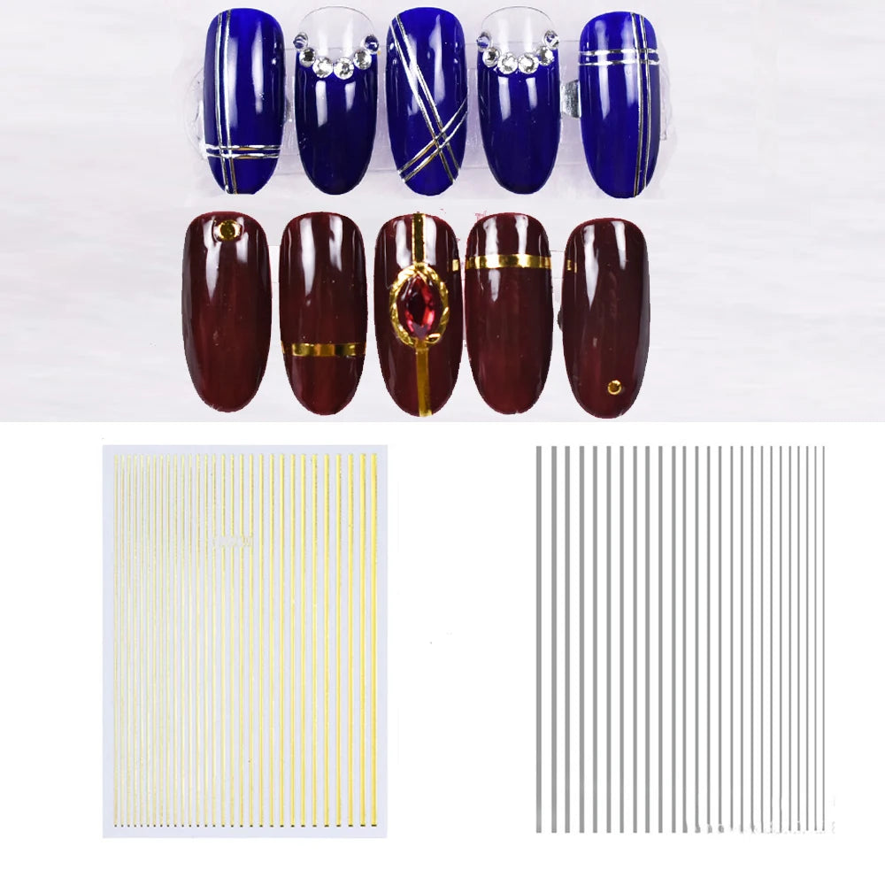 1Pc Silver Gold Lines Stripe Nail Sticker Decals Metal Strip Luxury Nails Slider 3D Self Adhesive Design Nail Art Stickers Paper