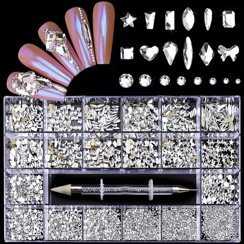 2800pcs Luxury Shiny Diamond Nail Art Rhinestones Crystal Decorations Set AB Glass 1pcs Pick Up Pen In Grids Box 21 Shape