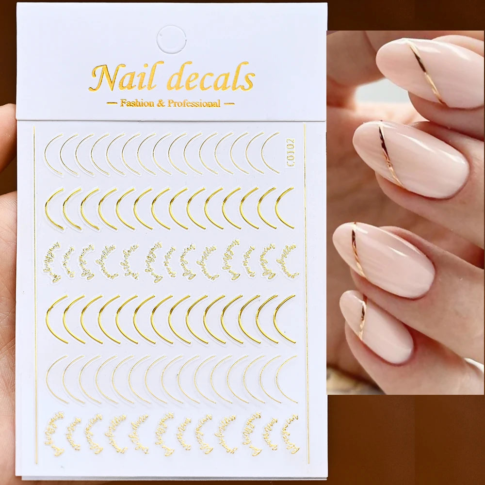 1Pc Silver Gold Lines Stripe Nail Sticker Decals Metal Strip Luxury Nails Slider 3D Self Adhesive Design Nail Art Stickers Paper