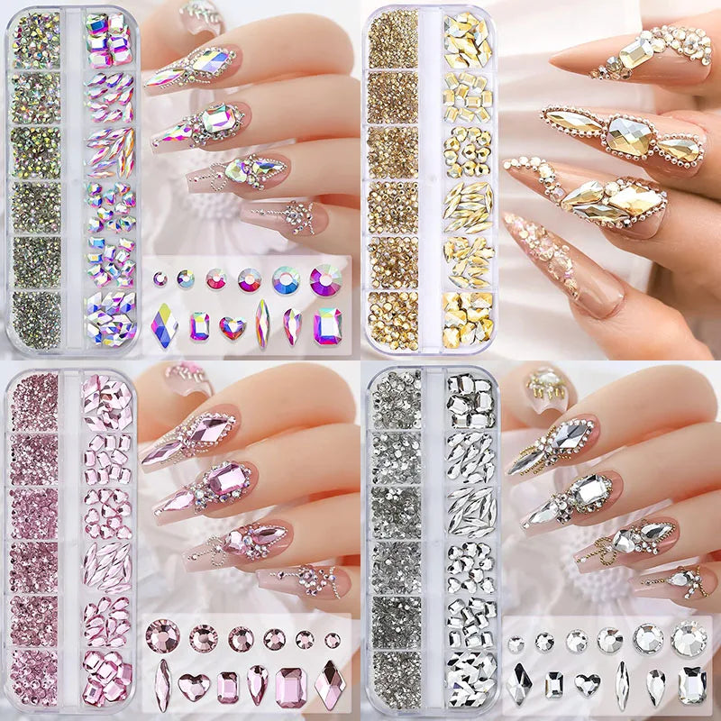 2800pcs Luxury Shiny Diamond Nail Art Rhinestones Crystal Decorations Set AB Glass 1pcs Pick Up Pen In Grids Box 21 Shape