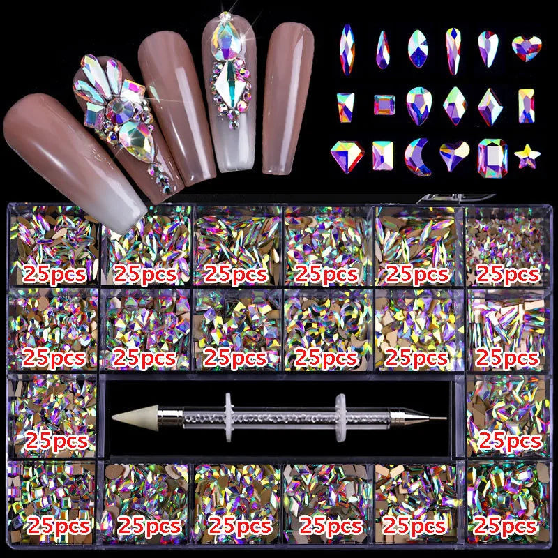 2800pcs Luxury Shiny Diamond Nail Art Rhinestones Crystal Decorations Set AB Glass 1pcs Pick Up Pen In Grids Box 21 Shape