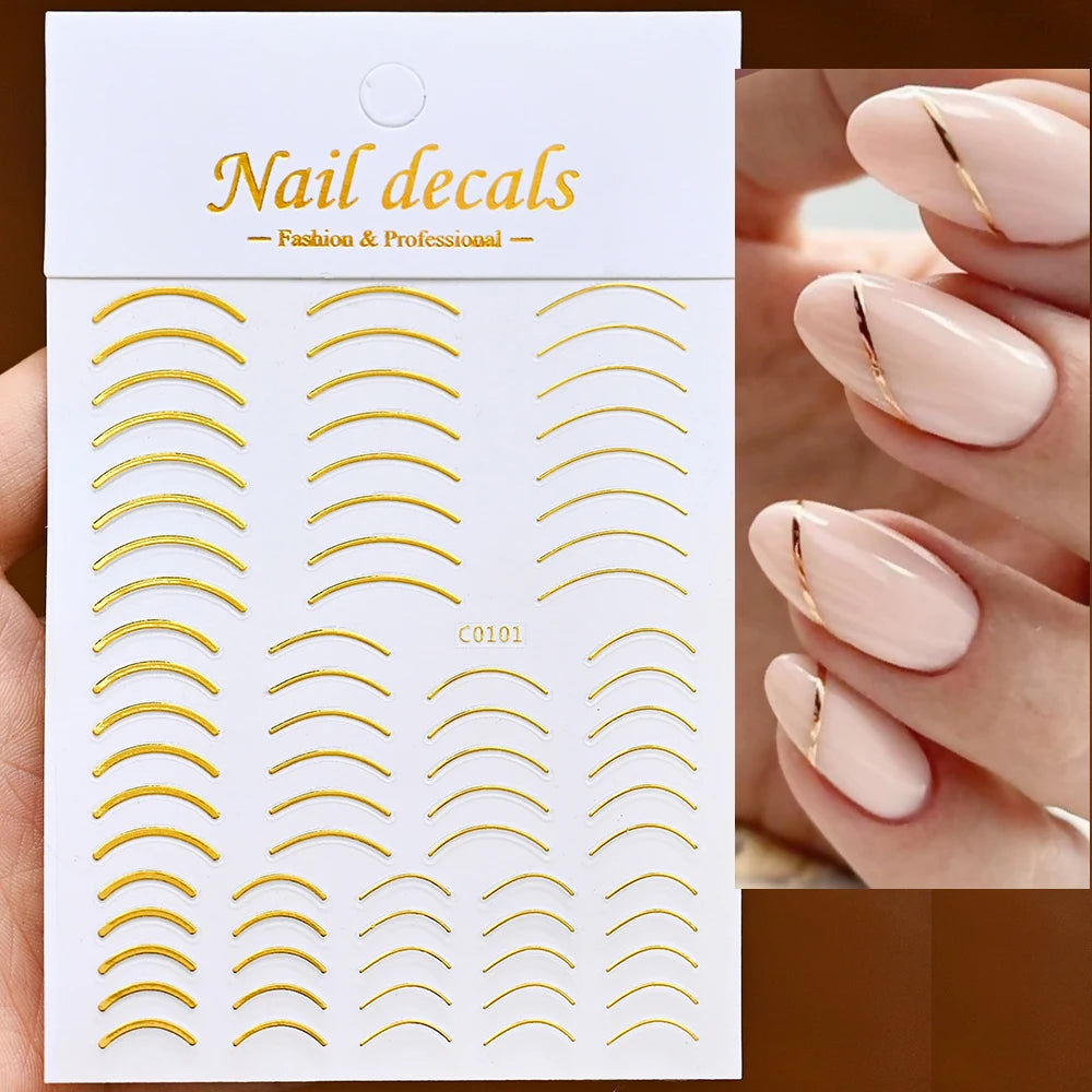 1Pc Silver Gold Lines Stripe Nail Sticker Decals Metal Strip Luxury Nails Slider 3D Self Adhesive Design Nail Art Stickers Paper