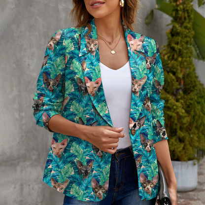 Sphynx Cat Women's Blue Leaves Hawaiian Blazer