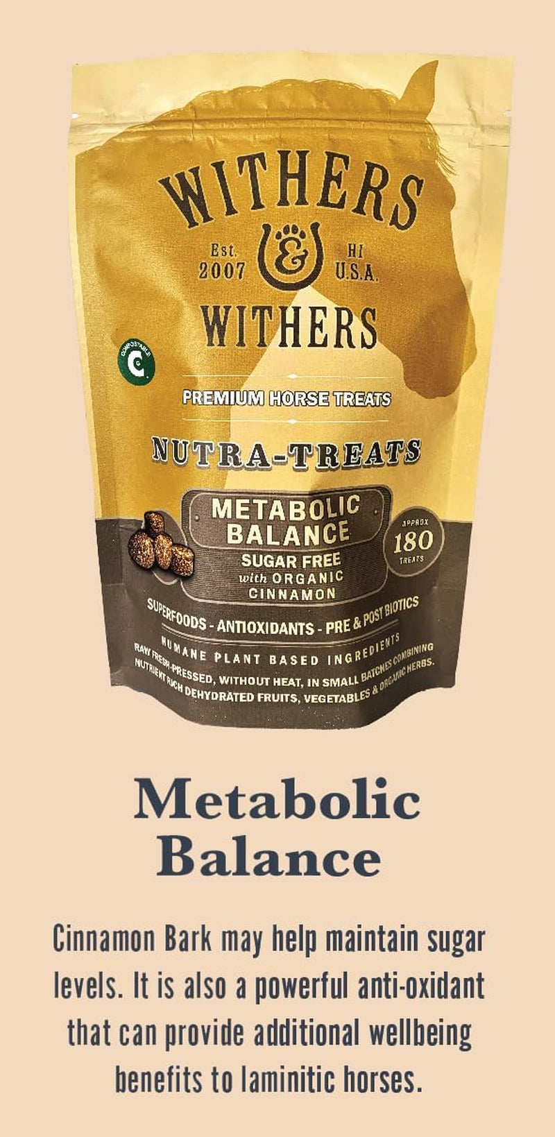 Withers & Withers Sugar-Free Horse Treats - Organic Cinnamon with Oat Bran Horse Cookies, Goat Treats 16 Oz – Humane Plant-Based Ingredients