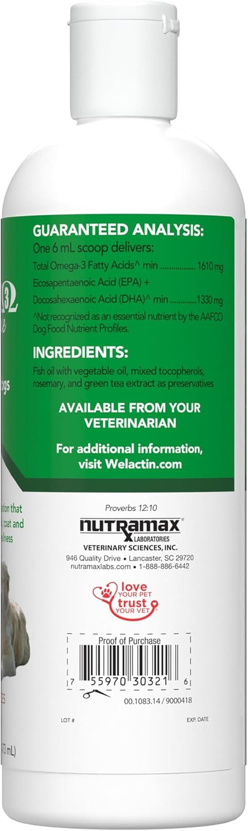 Nutramax Welactin Omega-3 Fish Oil Skin and Coat Health Supplement Liquid for Dogs - 16 Ounce