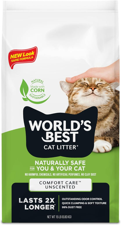 WORLD'S BEST CAT LITTER Comfort Care Unscented, Natural Ingredients, Quick Clumping, Flushable, 99% Dust Free & Made in USA - Long-Lasting Odor Control & Easy Scooping