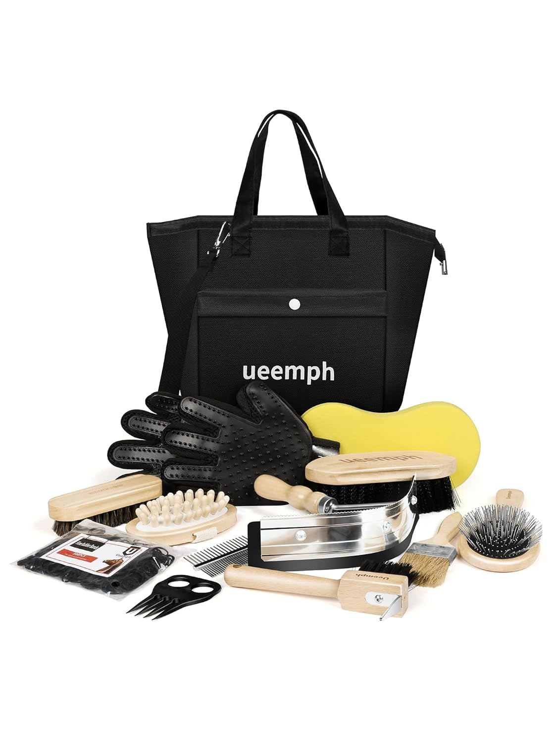 Horse Grooming Kit (12-Piece): Brushes, Storage Bag, Sweat Scraper, Mane Comb, Grooming Gloves, Horse Gift for Girls (Black)