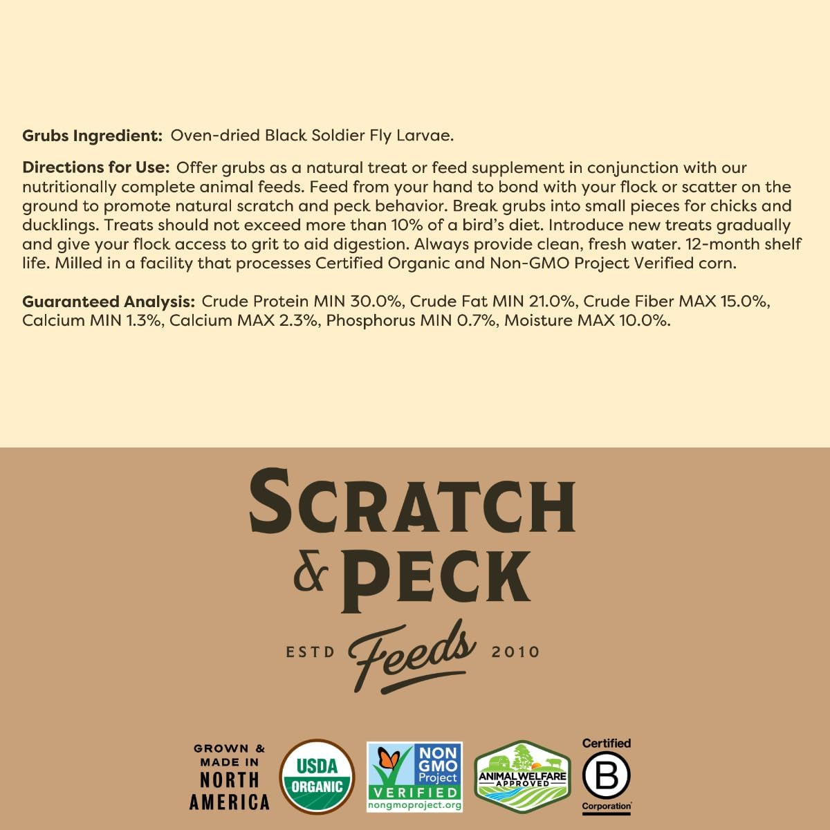 Scratch and Peck Feeds Cluckin’ Good Grubs for Chickens - Sustainably Grown in North America - Natural High Protein, Calcium Dense - Dried Black Soldier Fly Larvae Bird Treats - 3.5-Lbs