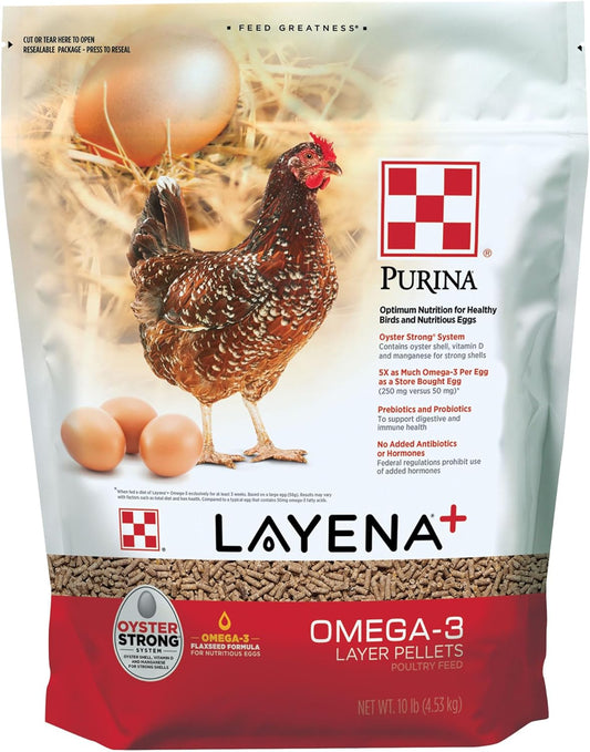 Purina Layena+, Nutritionally Complete Layer Hen Feed, Omega 3 Formula - 10 Pound (10 Lb) Bag