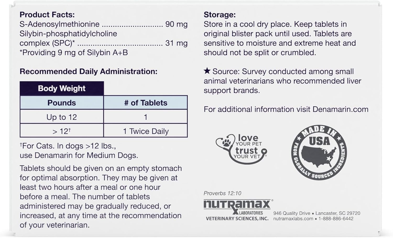 Nutramax Denamarin Liver Health Supplement for Small Dogs and Cats - with S-Adenosylmethionine (Same) and Silybin, 30 Blister Pack Tablets