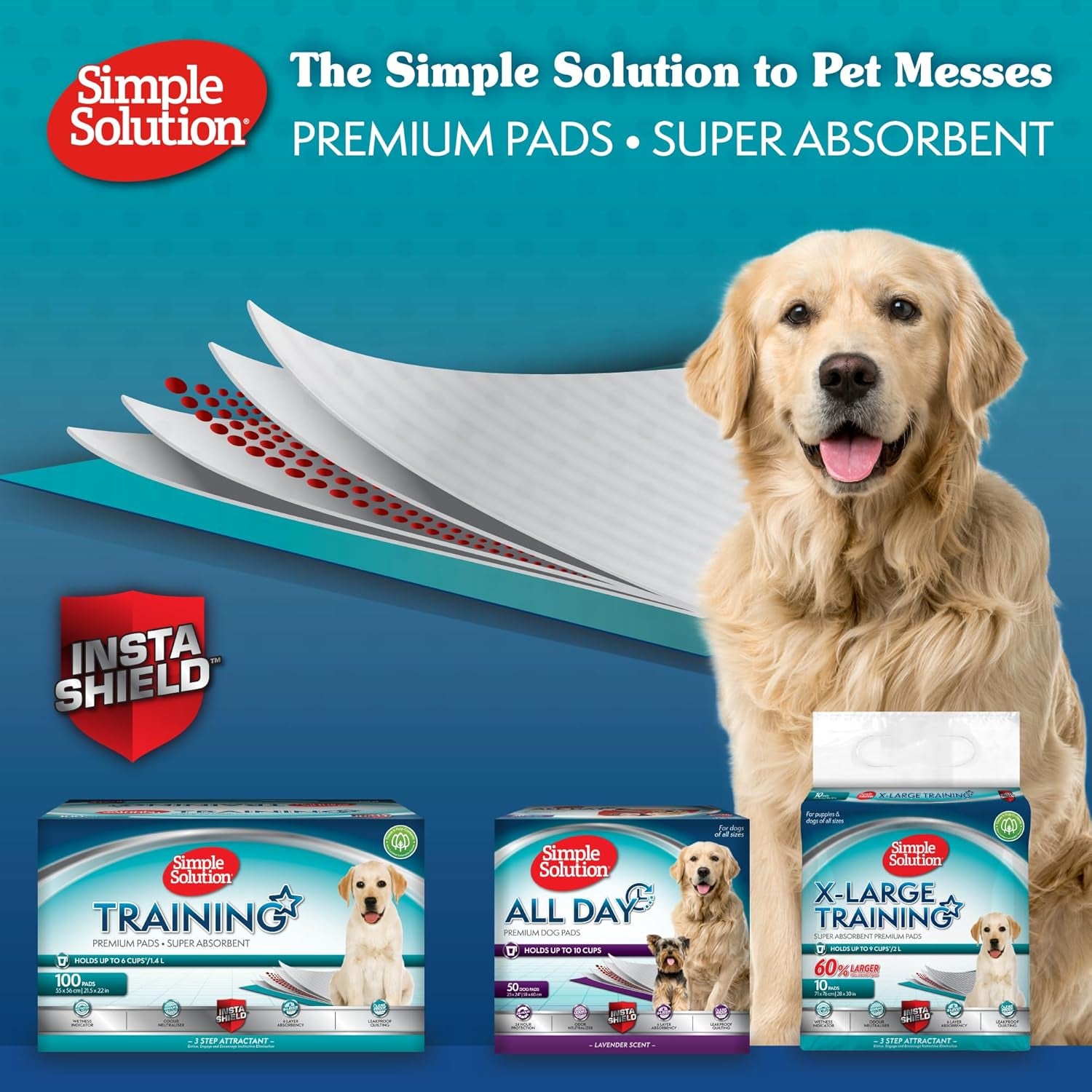 Simple Solution All Day Disposable Pee Pads for Dogs, XL Puppy Potty Training Wee Pad, 6 Layers Thick, Absorbent, Attracts Dogs, Leak Proof, Odor Neutralizing, Lavender Scent, LARGE 23"X24"