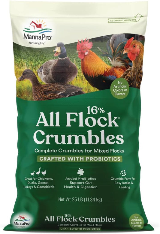 Manna Pro All Flock Crumbles, 16% Protein Level, Complete Feed for Chickens, Ducks, Geese, Turkeys and Gamebirds, Probiotics to Support Digestion, Crumbled Form for Easy Feeding