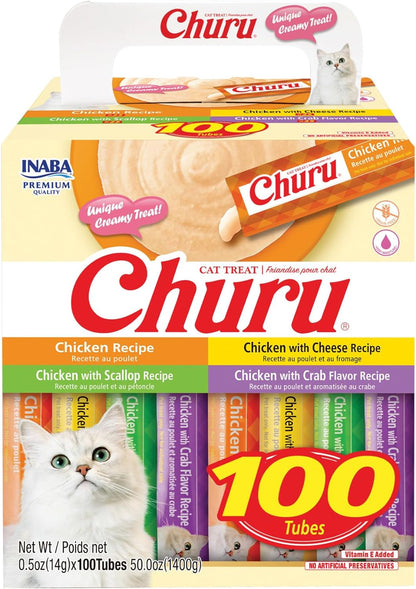 INABA Churu Cat Treats, Lickable, Squeezable Creamy Purée with Vitamin E, 0.5 Ounces per Tube, 100 Tubes Total