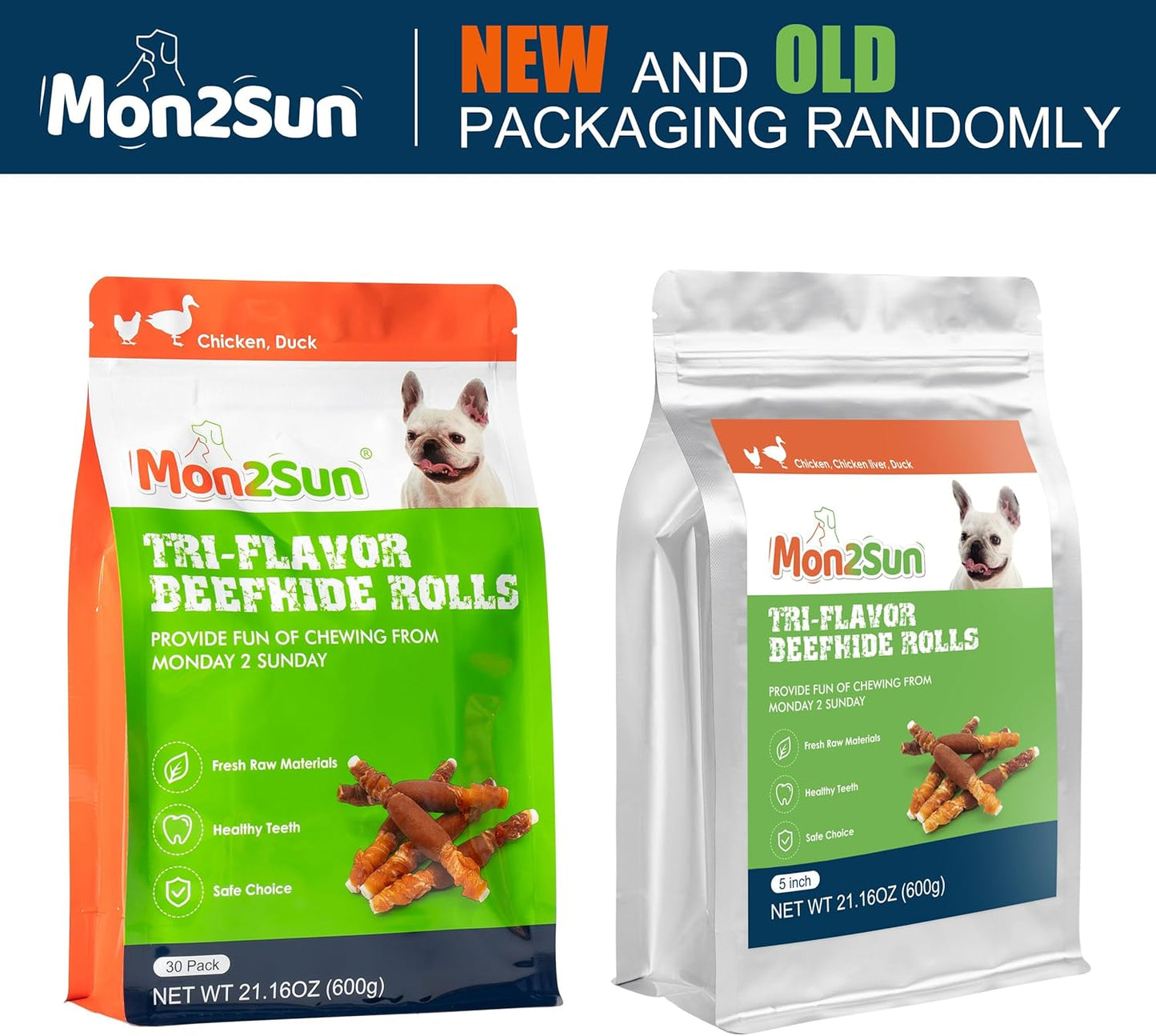 MON2SUN Dog Treats, Triple Flavor 5 Inch Chicken Liver Duck and Chicken Wrapped Rawhide Snacks for Small and Medium Dogs