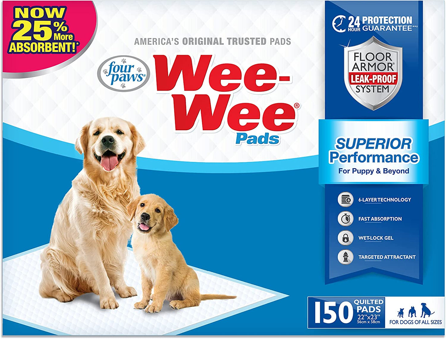 Four Paws Wee-Wee Superior Performance Pee Pads for Dogs of All Sizes, Leak-Proof Floor Protection Dog & Puppy Quilted Potty Training Pads, Unscented, 22" X 23"