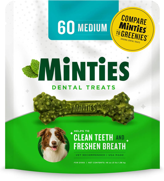 Minties Dental Chews for Dogs, Vet-Recommended Mint-Flavored Dental Treats for Medium Dogs, Dental Bones Clean Teeth, Fight Bad Breath, and Removes Plaque and Tartar