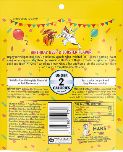 Temptations Birthday Crunchy and Soft Cat Treats Lobster and Beef Flavor, 6.3 Oz. Pouch, Pack of 10