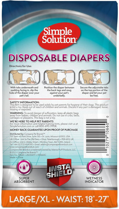 Simple Solution Disposable Dog Diapers for Female Dogs, True Fit, Absorbent, Leak Proof with Wetness Indicator, XL Puppy & Doggie Period Pad and Pee Diaper, for Large Pets