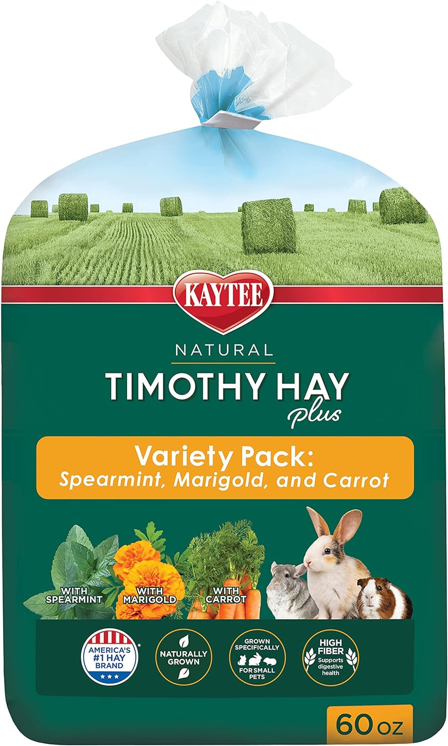 Kaytee Timothy Hay plus Spearmint/Marigold/Carrot 3 Flavor Variety Pack for Pet Guinea Pigs, Rabbits & Other Small Animals, 60 Ounce (Pack of 1)