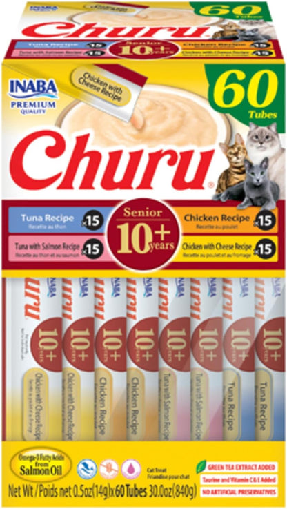 INABA Churu for Senior 10+, Creamy Lickable Cat Treats with Taurine, Vitamin E & C, 0.5 Ounces Each