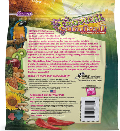 F.M. Brown'S Tropical Carnival, Gourmet Macaw Food Big Bites for Big Beaks, Vitamin-Nutrient Fortified Daily Diet with Probiotics for Digestive Health