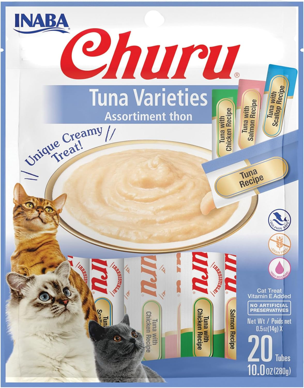 Churu Cat Treats, Grain-Free, Lickable, Squeezable Creamy Purée Cat Treat/Topper with Vitamin E & Taurine, 0.5 Ounces Each Tube, 50 Tubes, Tuna & Chicken Variety