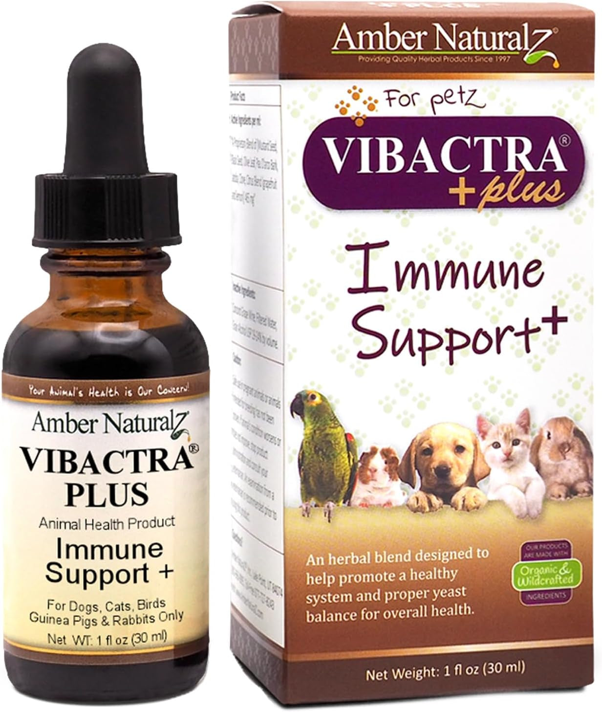 Vibactra plus Herbal Supplement for Dogs, Cats, Birds, Guinea Pigs, and Rabbits | Herbs for Immune Health and Yeast Balance | 1 Fluid Ounce Glass Bottle | Manufactured in the USA