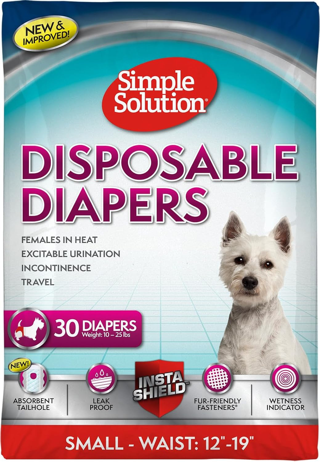 Simple Solution Disposable Dog Diapers for Female Dogs, True Fit, Absorbent, Leak Proof with Wetness Indicator, XL Puppy & Doggie Period Pad and Pee Diaper, for Large Pets